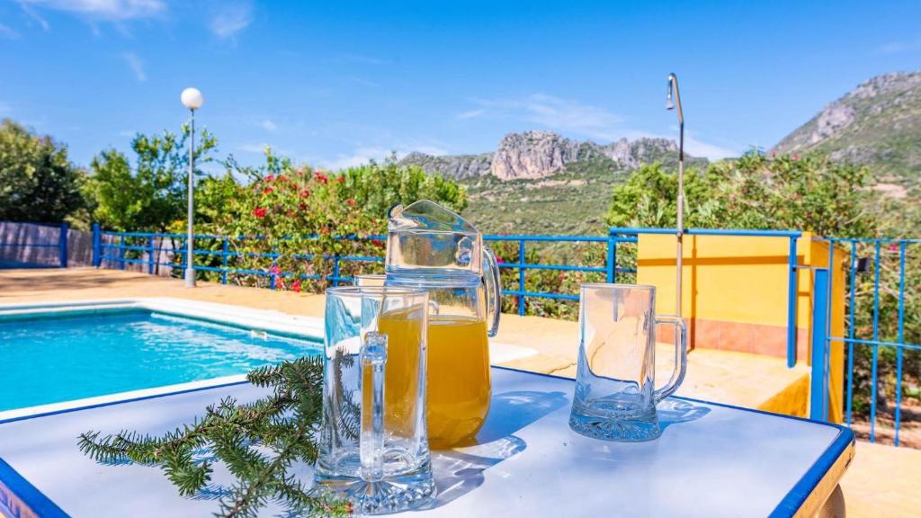 Casa La Fresneda Ubrique by Ruralidays في أوبريق: كأسين من عصير البرتقال على طاولة بجوار حمام السباحة