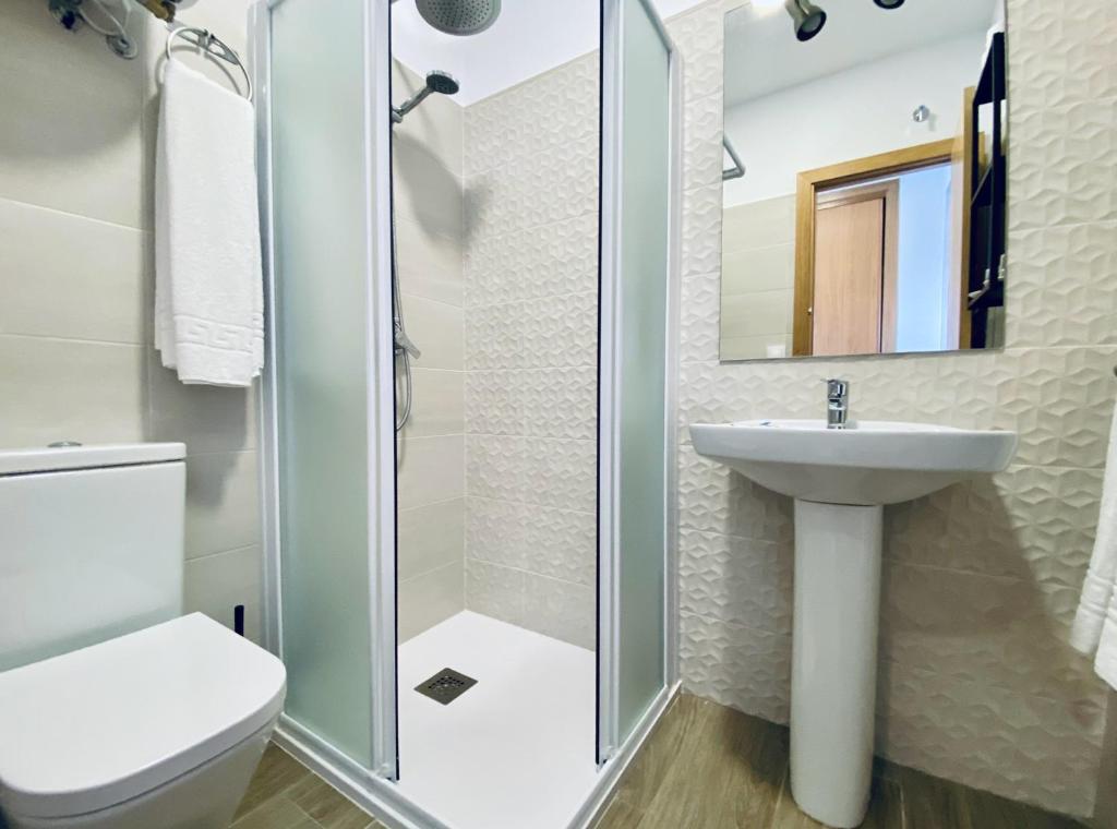 a bathroom with a sink and a toilet and a mirror at Apartamentos Turísticos Santo Rostro in Chipiona