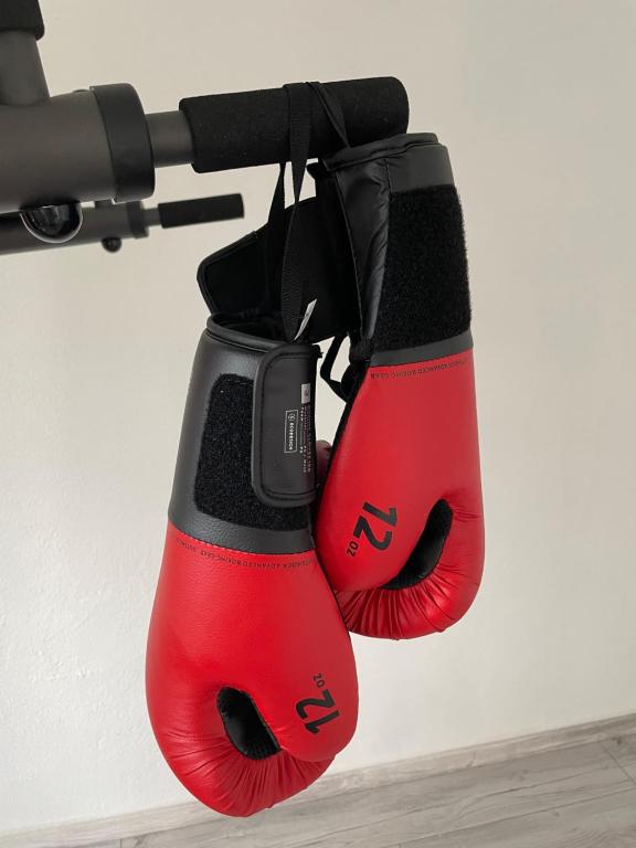 Ein paar boxhandschuhe steht auf einem ständer in einem boxring.
