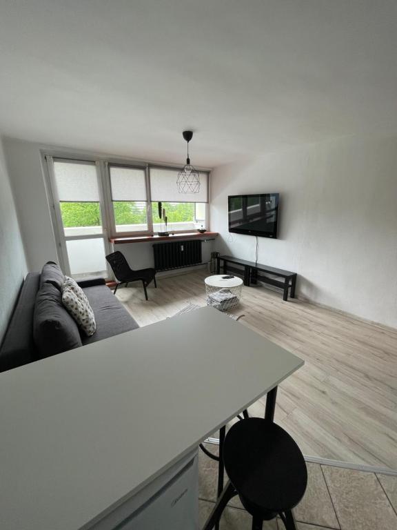 een woonkamer met een bank en een tafel bij City Center Apartment in Katowice