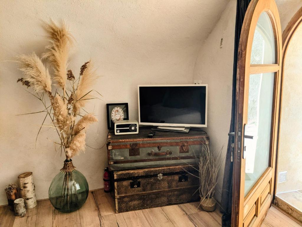Televízia a/alebo spoločenská miestnosť v ubytovaní Charmante suite indépendante avec cave à vin