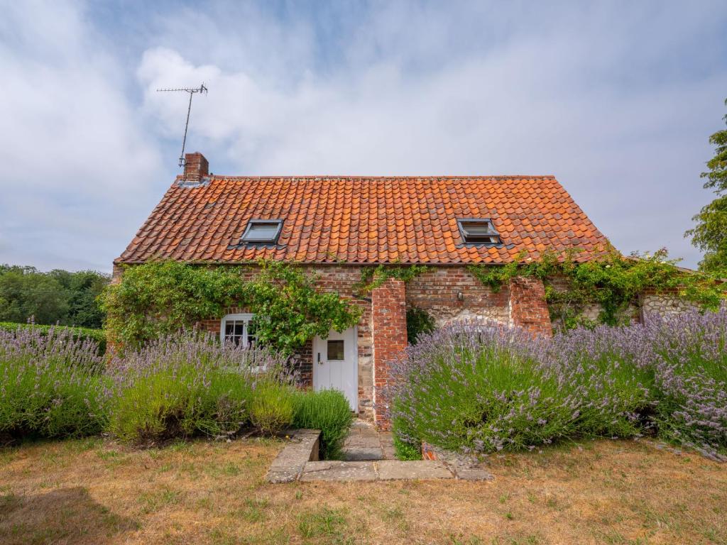 a brick house with an orange roof and purple flowers at Little Wells 6 in North Creake