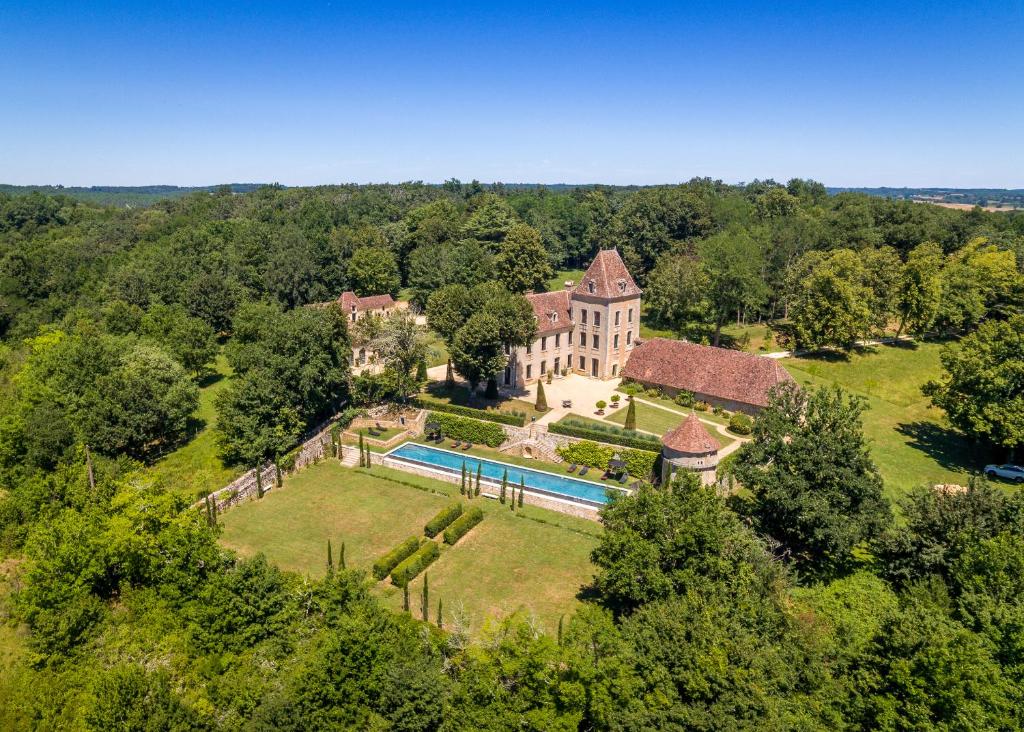uma vista aérea de uma propriedade com piscina em Chateau de Lascoups em Saint-Martin-des-Combes