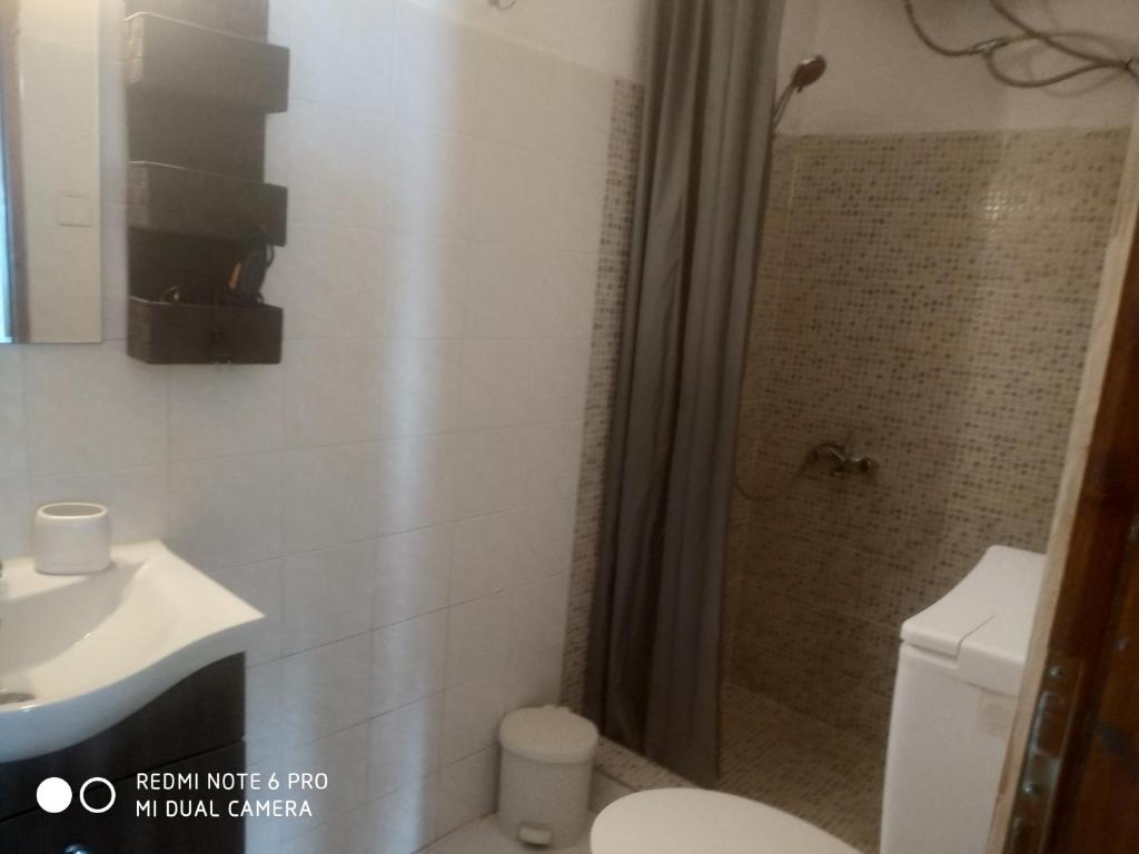 łazienka z prysznicem, toaletą i umywalką w obiekcie Kamari Guesthouse w mieście Keramídhion