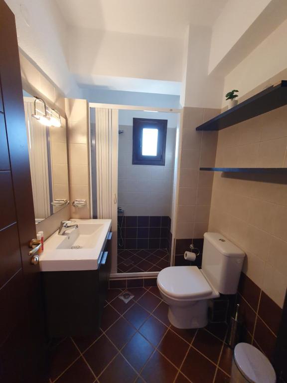 La salle de bains est pourvue de toilettes blanches et d'un lavabo. dans l'établissement Miltos Sivota Luxury Home, à Sivota