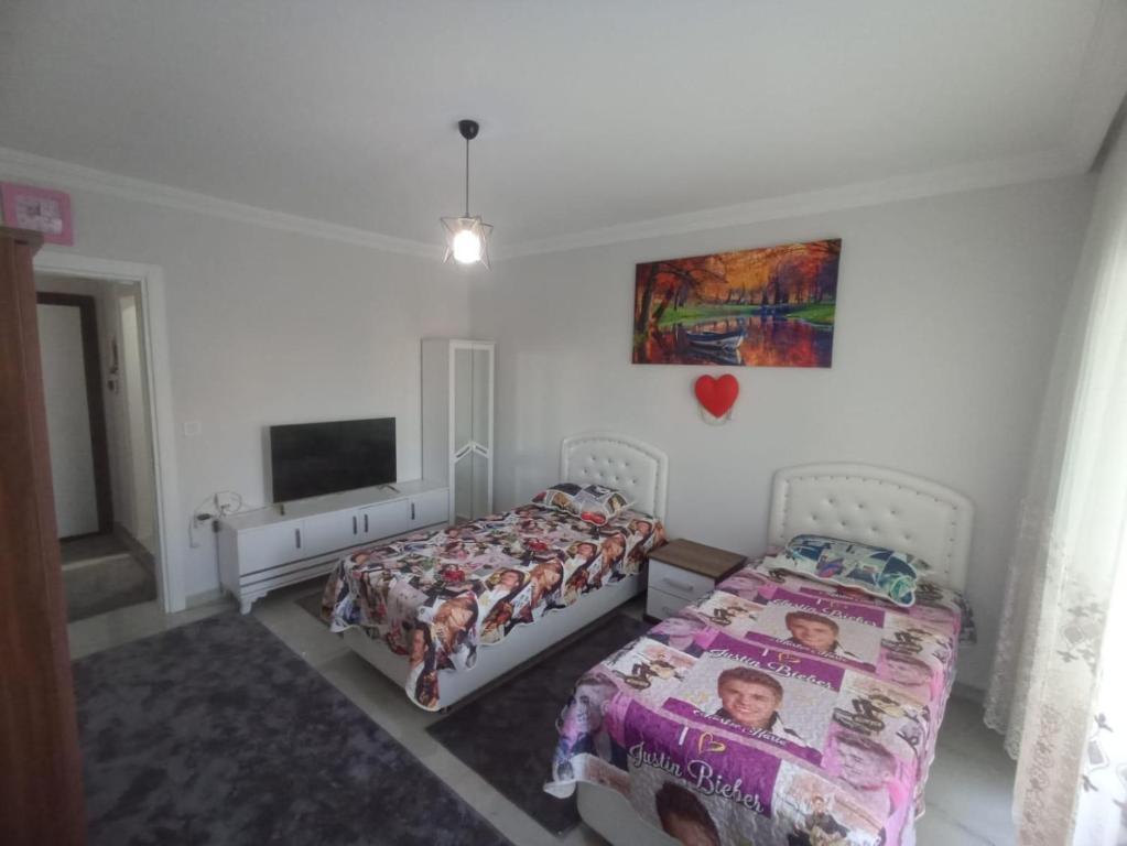 um quarto com 2 camas e uma televisão de ecrã plano em Sabinanın sıcak evi em Didim