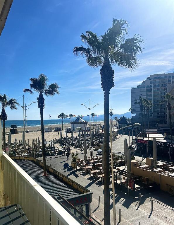 - une vue sur une plage bordée de palmiers et de chaises dans l'établissement Appartement 20 mts plage, pl Méditerranée, vue mer parking, à Canet