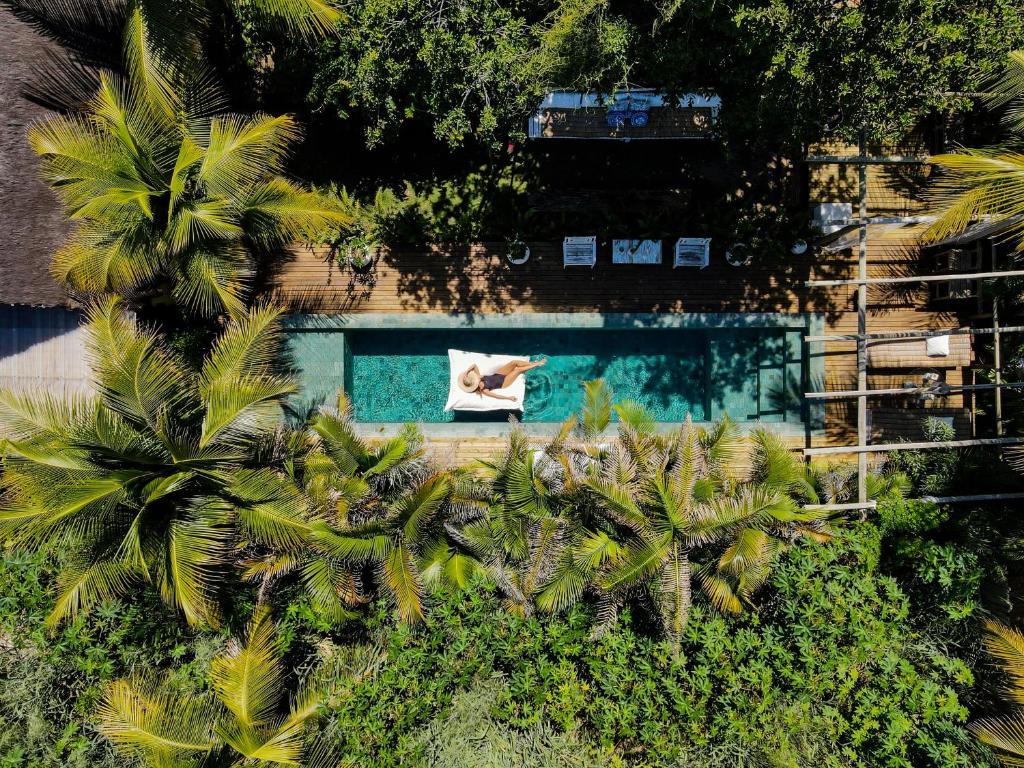 una vista aérea de una piscina con palmeras en Caiçara Bangalôs Barra Grande, en Barra Grande