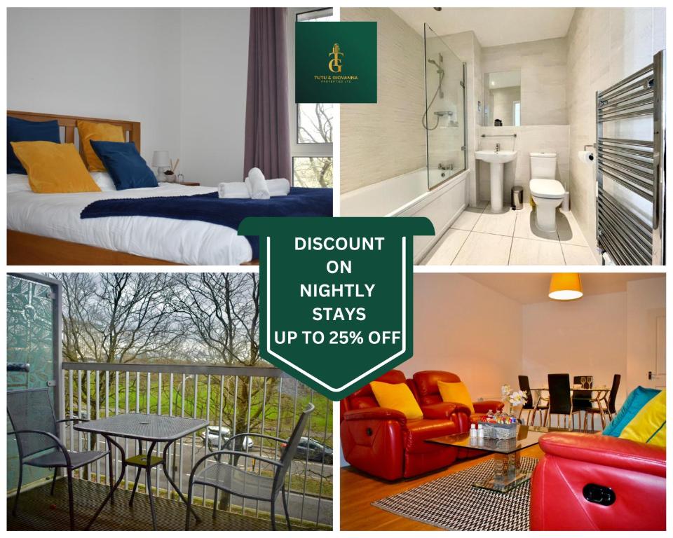 a collage of photos of a hotel room with a bed and a dining room at Classy Campbell Park Apartment, Balcony & Free Parking in Milton Keynes