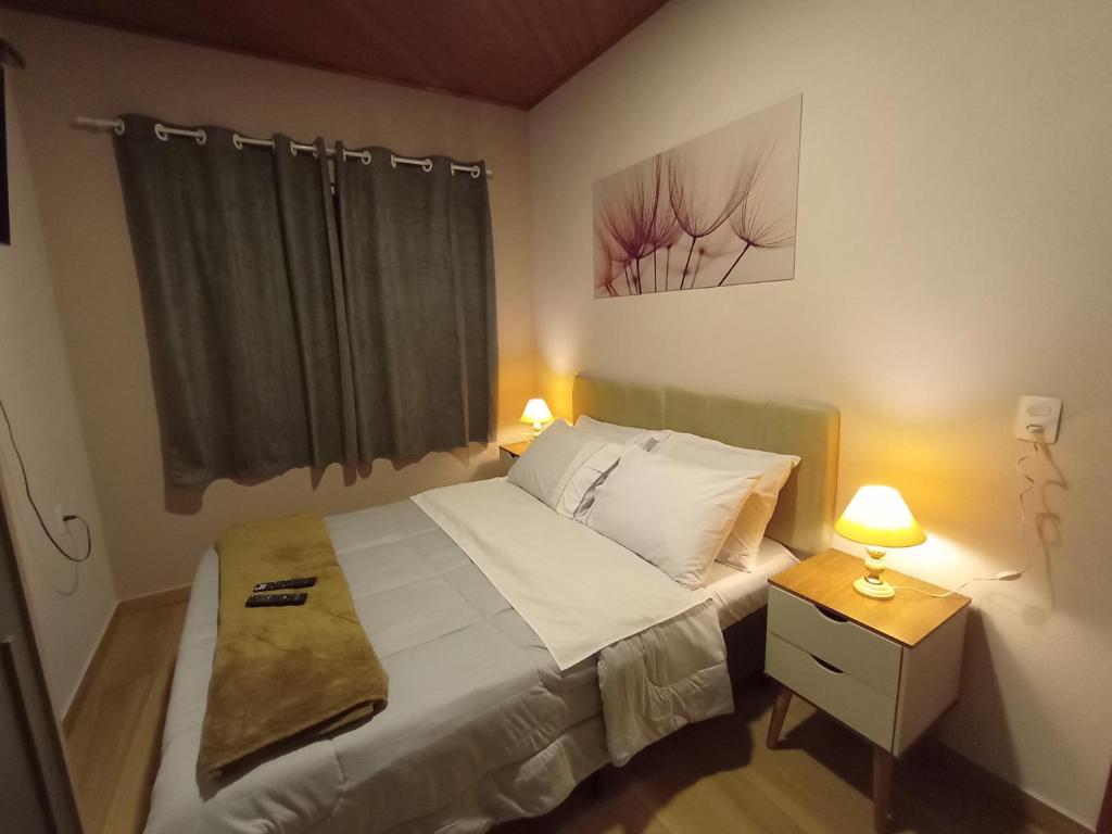 1 dormitorio con 1 cama y mesita de noche con lámpara en Casa Duplex em Pedra Azul en Domingos Martins