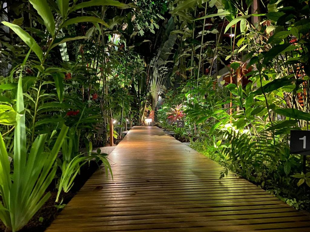 um caminho de madeira através de um jardim à noite em Pousada Armação de Camburi em Camburi