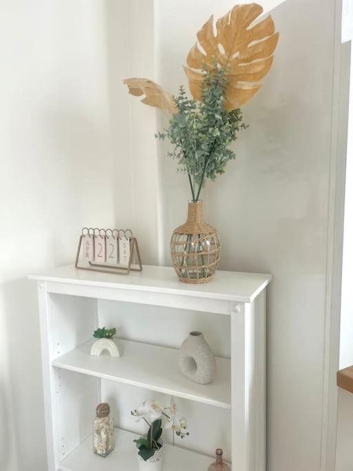 a white shelf with a vase and a plant on it at F2 Bohémien au centre ville in Corbeil-Essonnes