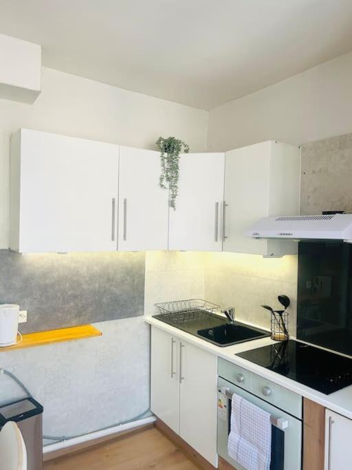 a kitchen with white cabinets and a sink at F2 Bohémien au centre ville in Corbeil-Essonnes