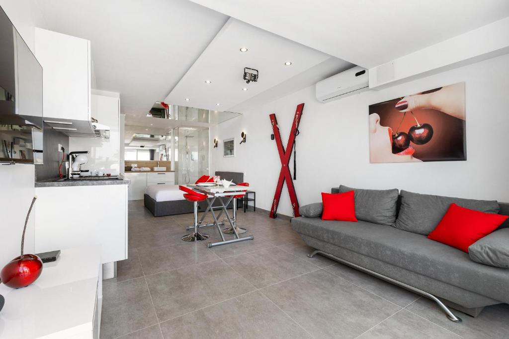 - un salon avec un canapé gris et des oreillers rouges dans l'établissement Village Naturiste R4N- Le Cerise Port Nature 5 Coursive, au Cap d'Agde