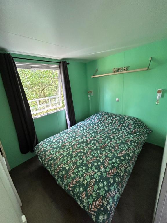 a bed in a green bedroom with a window at LE ILÔ - camping la dune blanche in Camiers