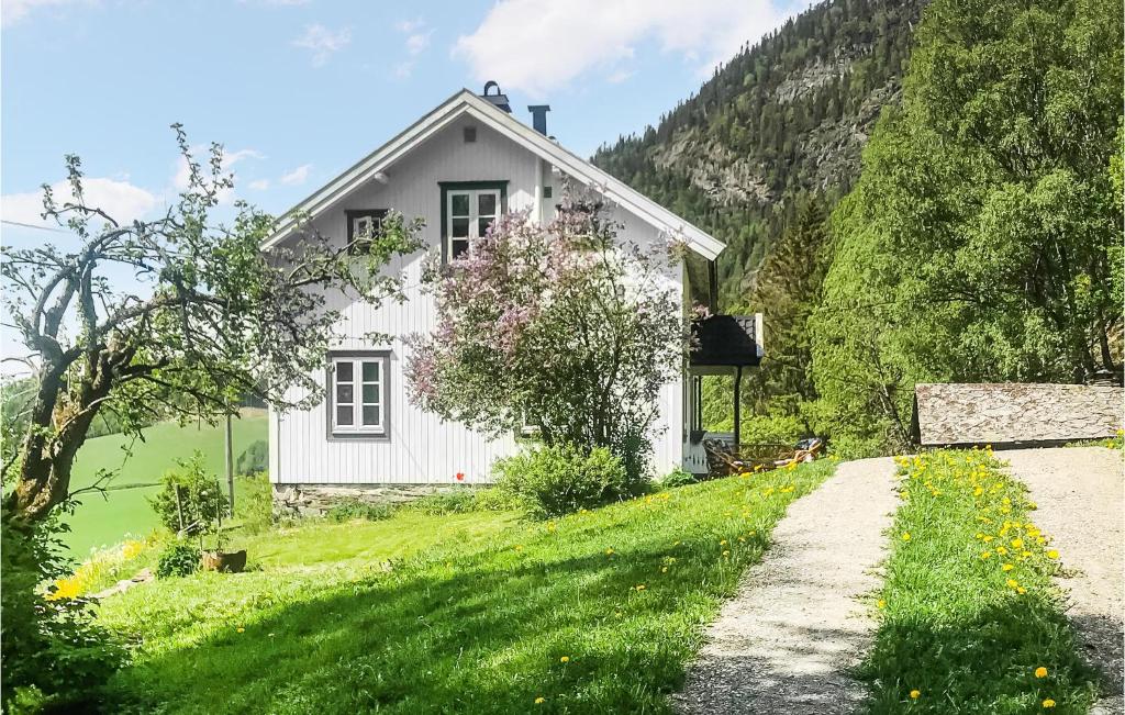 une maison blanche sur une colline avec un chemin de terre dans l'établissement Nice Home In yer With Kitchen, à Øyer