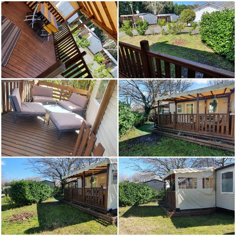 un collage de photos d'une maison avec une terrasse dans l'établissement Mobilhome 6 personnes 32m2, à Parentis-en-Born