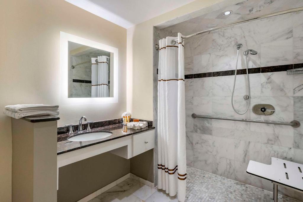 W łazience znajduje się prysznic i umywalka. w obiekcie Wyvern Hotel, Ascend Hotel Collection w mieście Punta Gorda