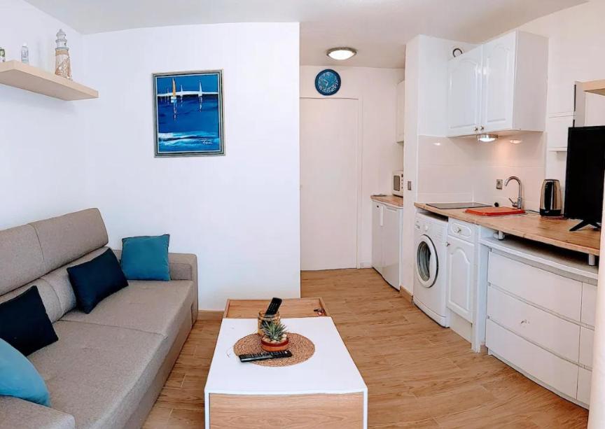 ein Wohnzimmer mit einem Sofa und einer Küche in der Unterkunft T2 Proche Capelan -parking privé gratuit - wifi in Bandol