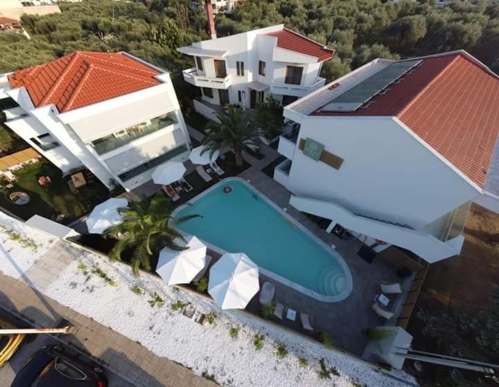 萨索斯Essentia Vita Comfy Suites的享有带游泳池的房屋的空中景致