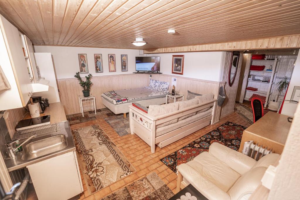 einen Luftblick auf ein Wohnzimmer mit einem Sofa in der Unterkunft Mukava kellarihuoneisto jossa sauna ja poreallas in Pietarsaari