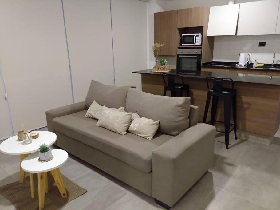 un soggiorno con divano e una cucina di Hermoso departamento muy bien ubicado, cercano calle Aristides a Mendoza
