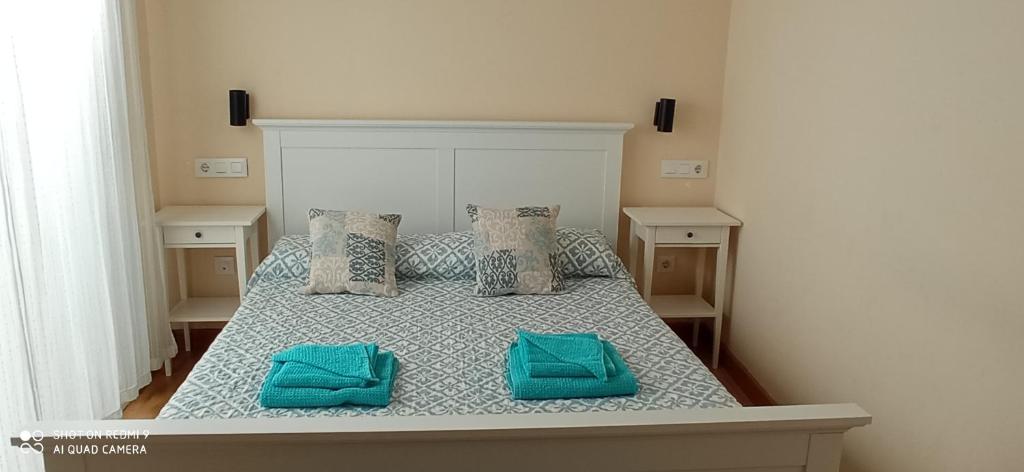 a bedroom with a bed with two green pillows at Precioso apartamento en pleno centro in Almería