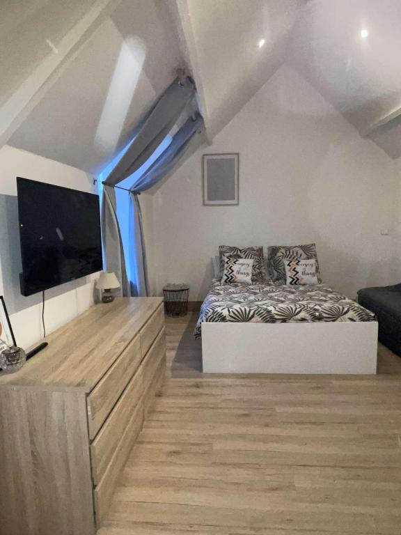 1 dormitorio con 1 cama y TV de pantalla plana en Le Nid en Bout dʼAmont