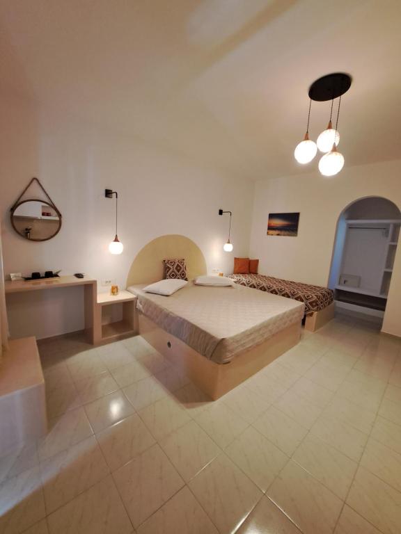 a bedroom with a large bed in a room at Studios Irineos in Perissa