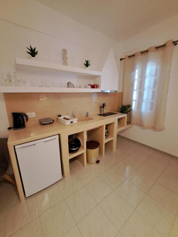 a kitchen with a counter and a sink in a room at Studios Irineos in Perissa