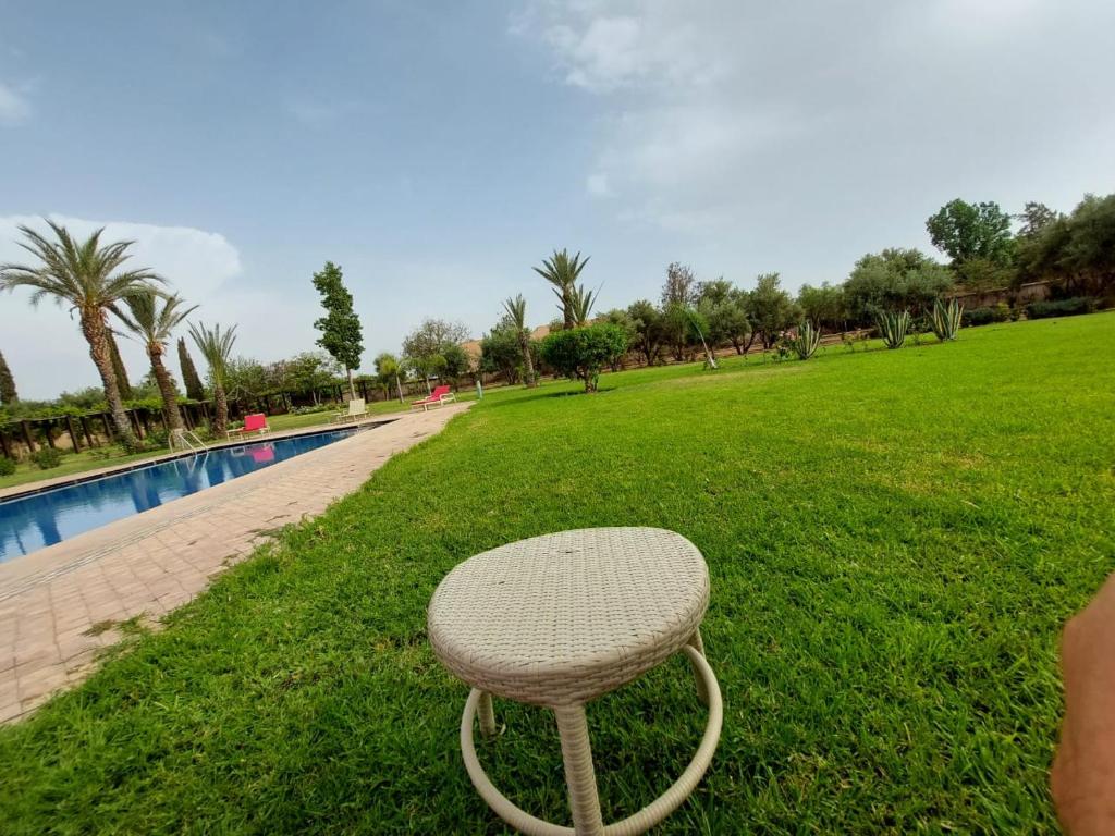 um banco sentado na relva ao lado de uma piscina em Villa Luxe em Marrakech