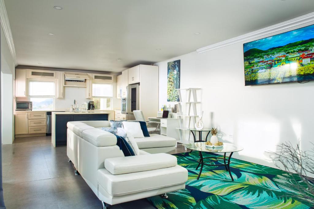 a living room with a white couch and a table at La Vue de Basseterre Apartments - Luxury in Bird Rock in Basse Terre Town