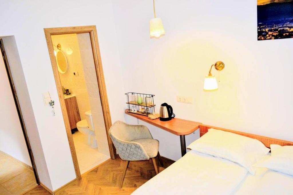 um quarto com uma cama, uma secretária e um espelho em Twins Boutique Korsy em Sibiu