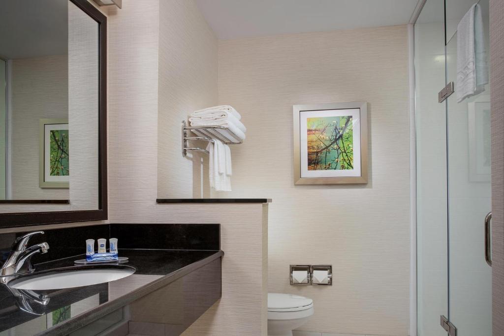 y baño con lavabo, aseo y espejo. en Fairfield Inn & Suites by Marriott Columbus Marysville en Marysville