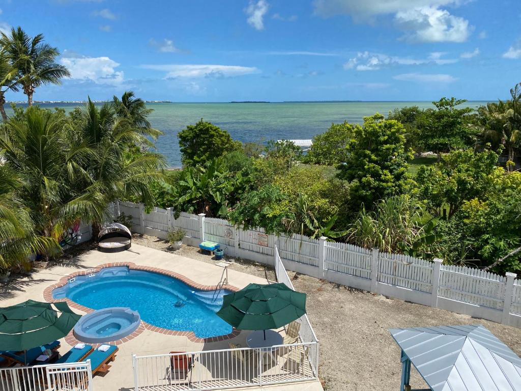a swimming pool with a view of the ocean at Ocean View with Pool, 4 bedroom Vila Near Key West in Cudjoe Key