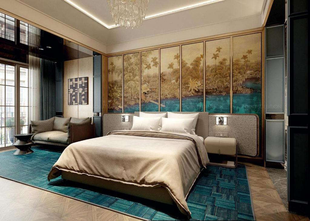 Un dormitorio con una cama grande y un cuadro en la pared. en La Passion Premium Cau Go, en Hanói