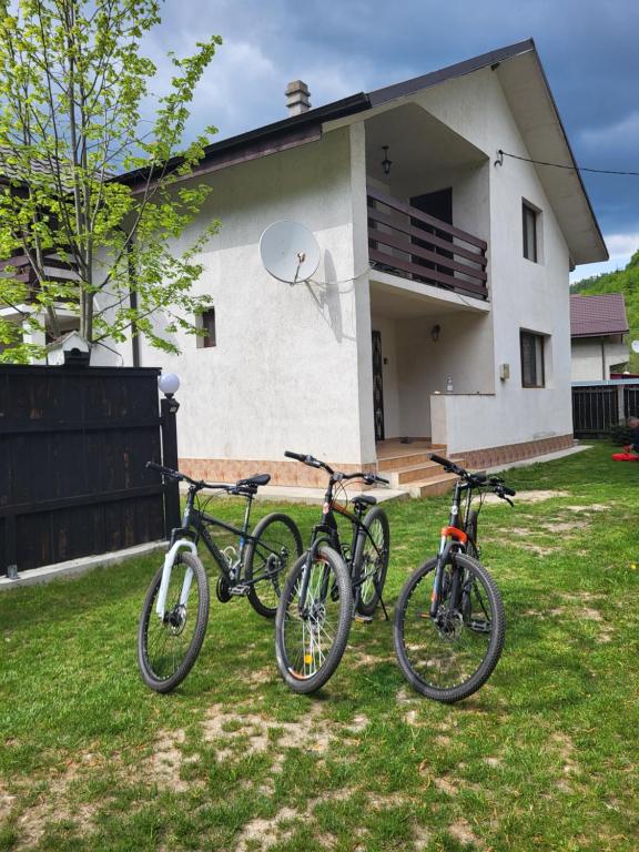 tres motos estacionadas frente a una casa en Casa Mi&Ra en Lepşa