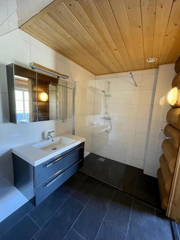 een badkamer met een wastafel, een douche en een spiegel bij Unieke houten villa met SAUNA in Twente - 5p in Den Ham