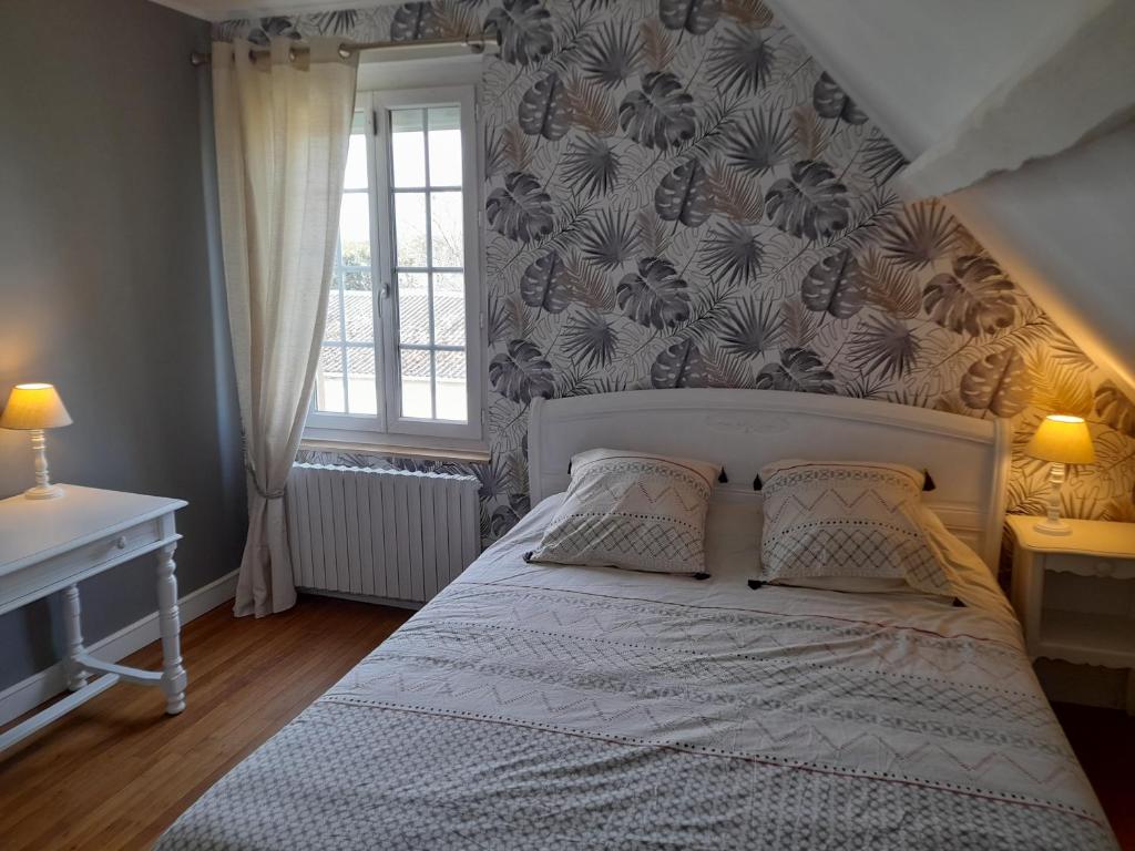 Ruaudin的住宿－Le Plantard，卧室配有白色的床和窗户。