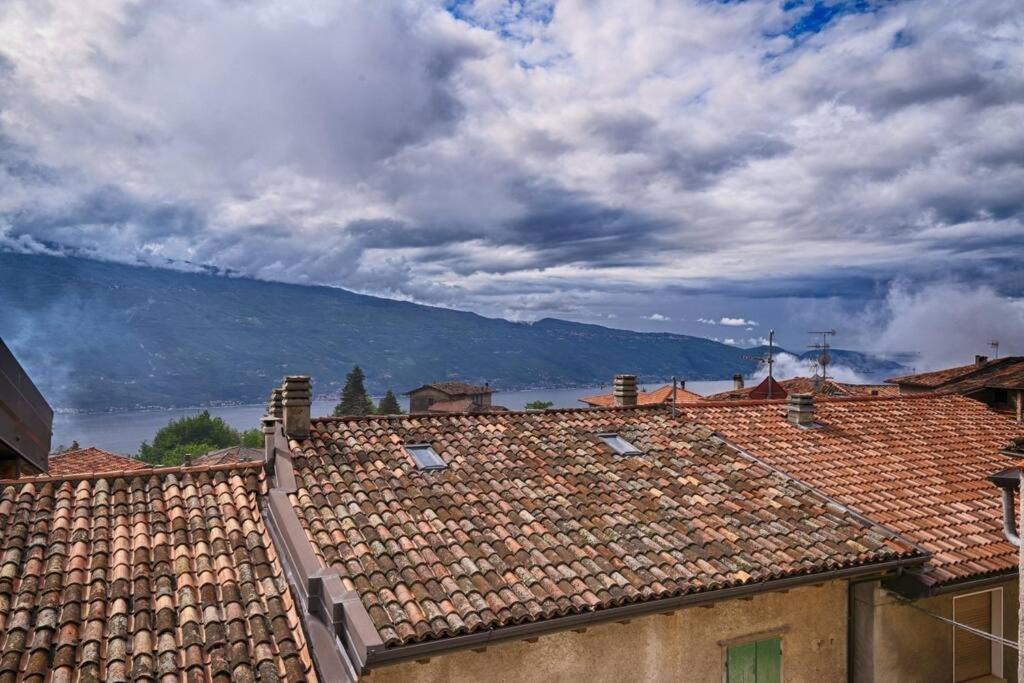 una vista de los tejados de las casas con una montaña en el fondo en Appartamento Stella -Rebomaholidays, en Olzano