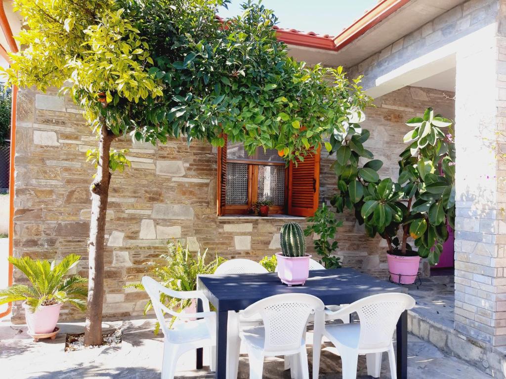 新安希亞洛斯的住宿－Alba Traditional Countryhouse New Anchialos village，树下一张蓝色的桌子和白色的椅子