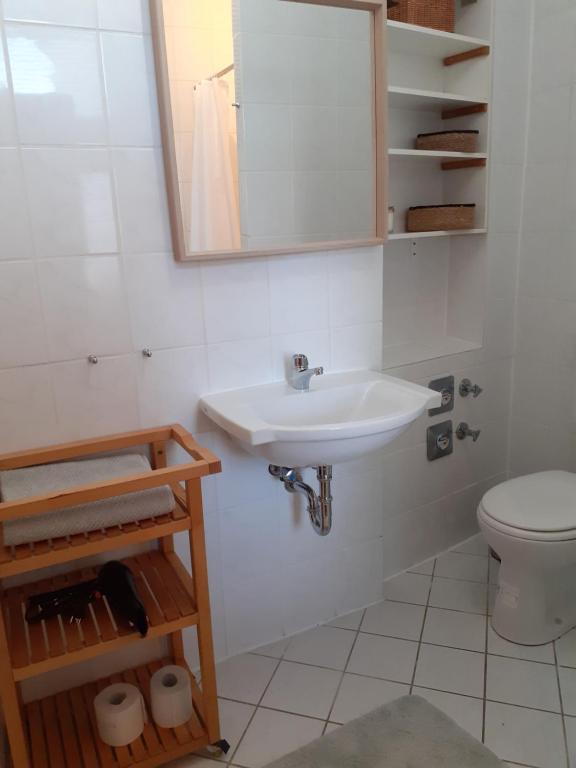 La salle de bains est pourvue d'un lavabo et de toilettes. dans l'établissement Martinsgarten, à Angermünde