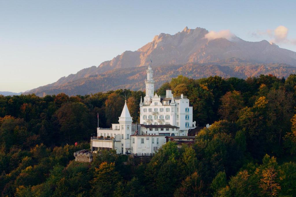 a castle on a hill with a mountain in the background at Château Gütsch in Luzern
