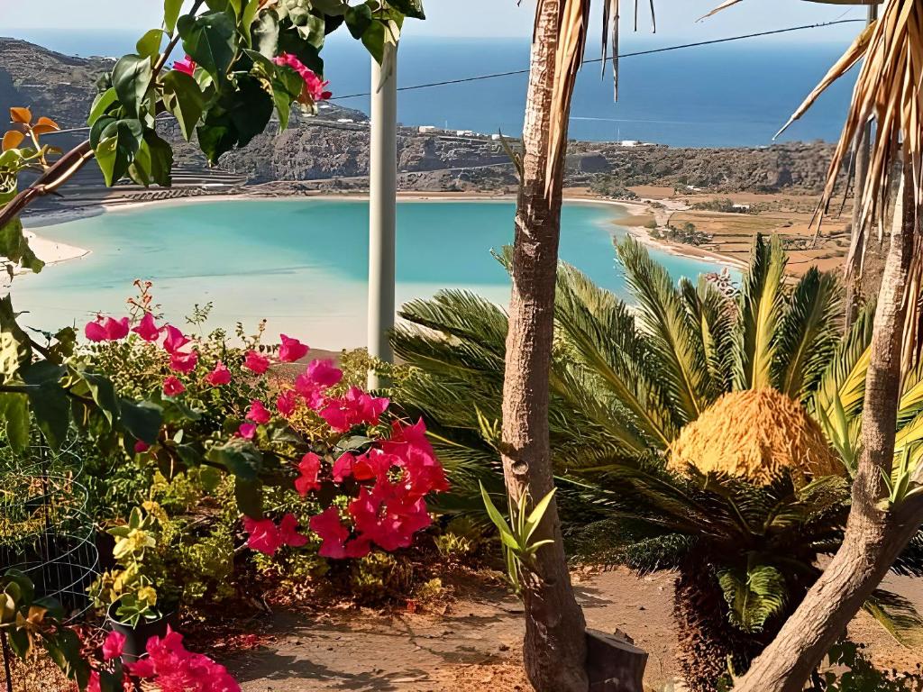 Blick auf die blaue Lagune von einem Resort mit Blumen in der Unterkunft Dammuso Pantelleria - Fiori D'Ossidiana in Pantelleria