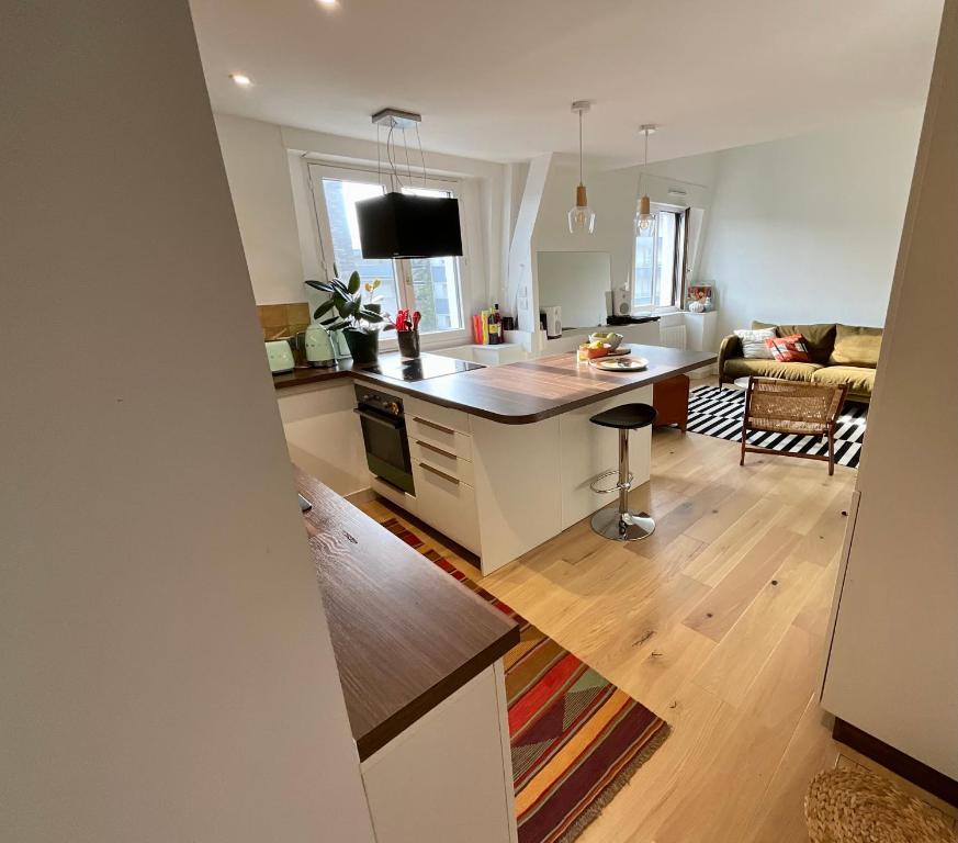 eine offene Küche und ein Wohnzimmer mit einer Arbeitsplatte in der Unterkunft Loft de Juliette à Saint-Malo in Saint-Malo