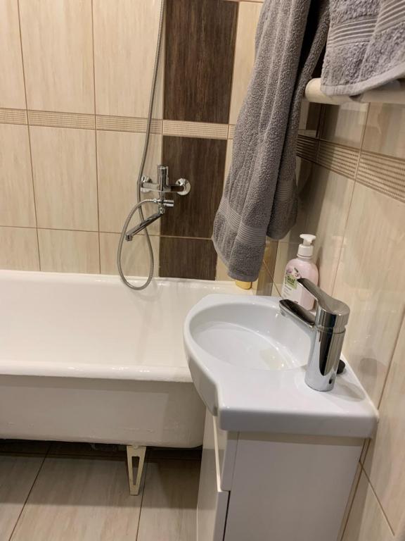 een badkamer met een wastafel en een bad bij Valdemāra apartamenti in Valmiera
