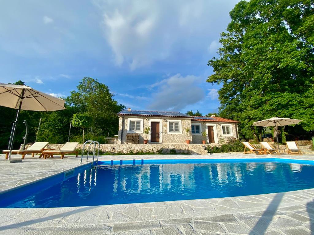 a swimming pool with a house in the background at BIO VILLAS in Podgorica