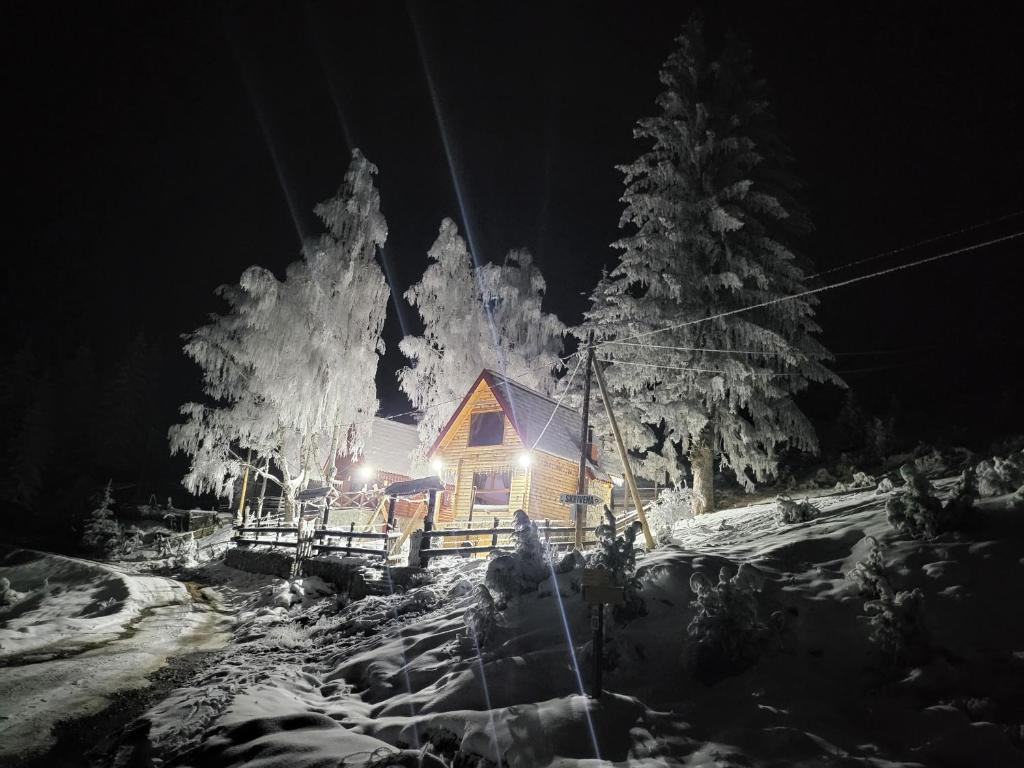 ein Haus ist nachts mit Schnee bedeckt in der Unterkunft Weekend house Lokve - Modern in Berane