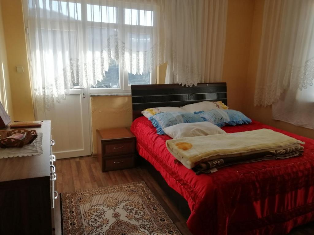 1 dormitorio con 1 cama con manta roja y ventana en Morsalkım konağı, en Trabzon