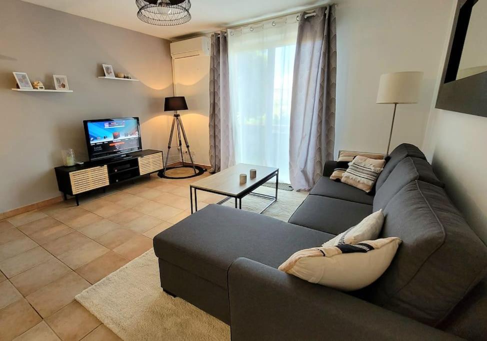 a living room with a couch and a tv at LA NORIA rez de chaussée avec parking en résidence fermée in Aucamville